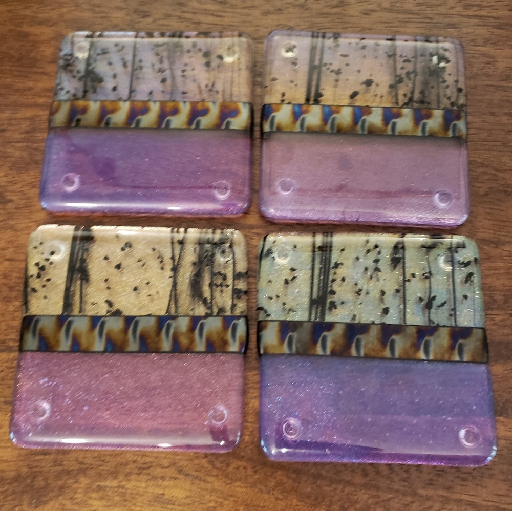 Heavy Duty Glass Drink Coasters Purple with Iridescent Detail - Picture 2 of 5